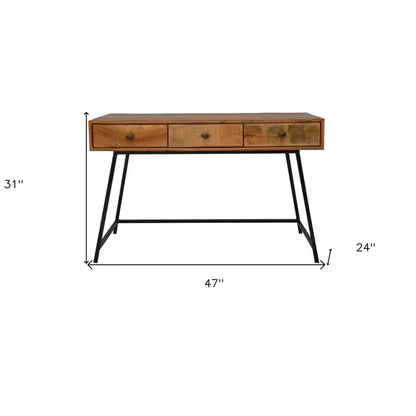 Bureau en bois massif naturel et noir de 47 po avec 3 tiroirs, base en fer, aucun assemblage requis