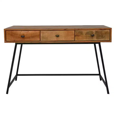 Bureau en bois massif naturel et noir de 47 po avec 3 tiroirs, base en fer, aucun assemblage requis