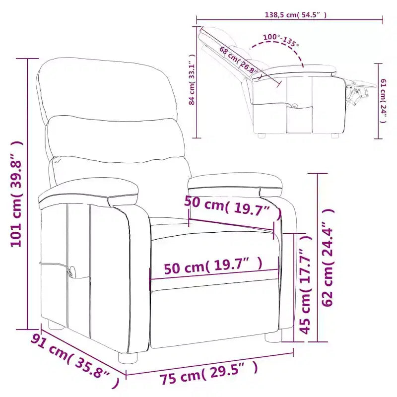 Fauteuil inclinable de massage en tissu marron foncé avec 6 points de vibration, USB et télécommande, garantie de 2 ans