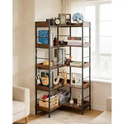 5 Tier L Shaped Corner Bookshelf with 4 Hooks, Reversible Corner Bookshelf, 65 Industrial Wooden Bookcase with Open Shelves and Metal Frame for Home