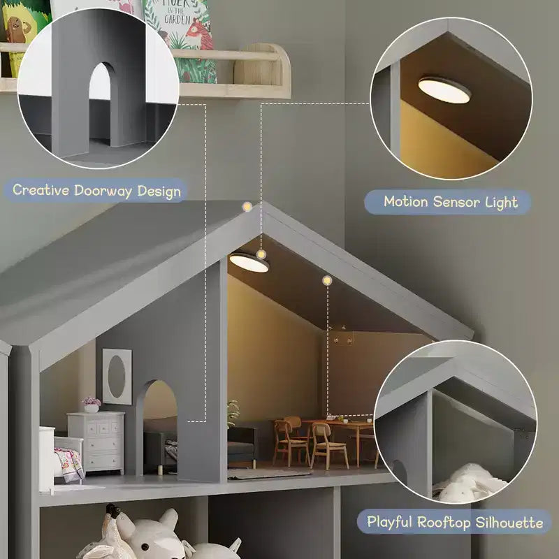 Bibliothèque enfant à 2 étages avec lumière à détecteur de mouvement, organisateur de rangement pour jouets en forme de maison