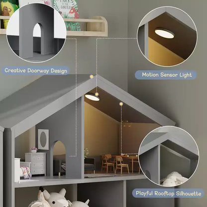 Bibliothèque enfant à 2 étages avec lumière à détecteur de mouvement, organisateur de rangement pour jouets en forme de maison