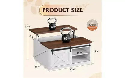 Table basse relevable de 35,5 pouces avec rangement caché, table basse carrée de style rustique, blanche et marron