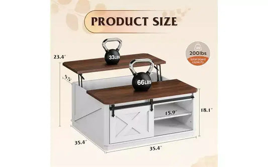 Table basse relevable de 35,5 pouces avec rangement caché, table basse carrée de style rustique, blanche et marron