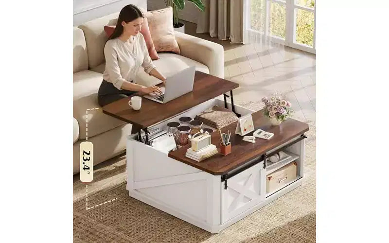 Table basse relevable de 35,5 pouces avec rangement caché, table basse carrée de style rustique, blanche et marron