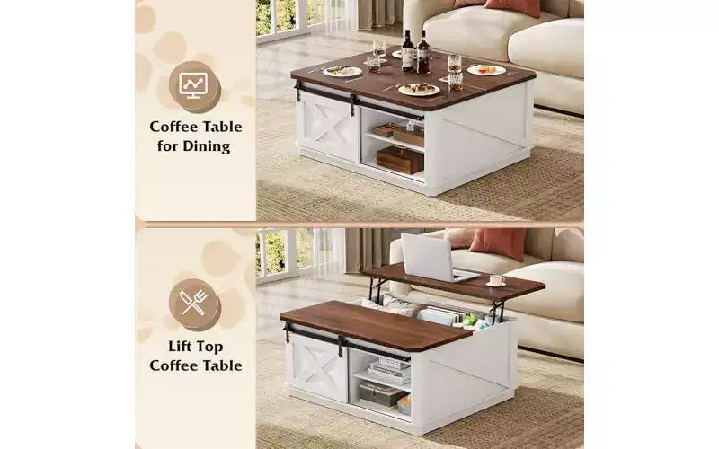 Table basse relevable de 35,5 pouces avec rangement caché, table basse carrée de style rustique, blanche et marron