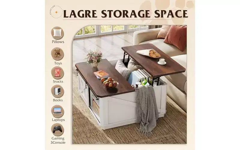 Table basse relevable de 35,5 pouces avec rangement caché, table basse carrée de style rustique, blanche et marron