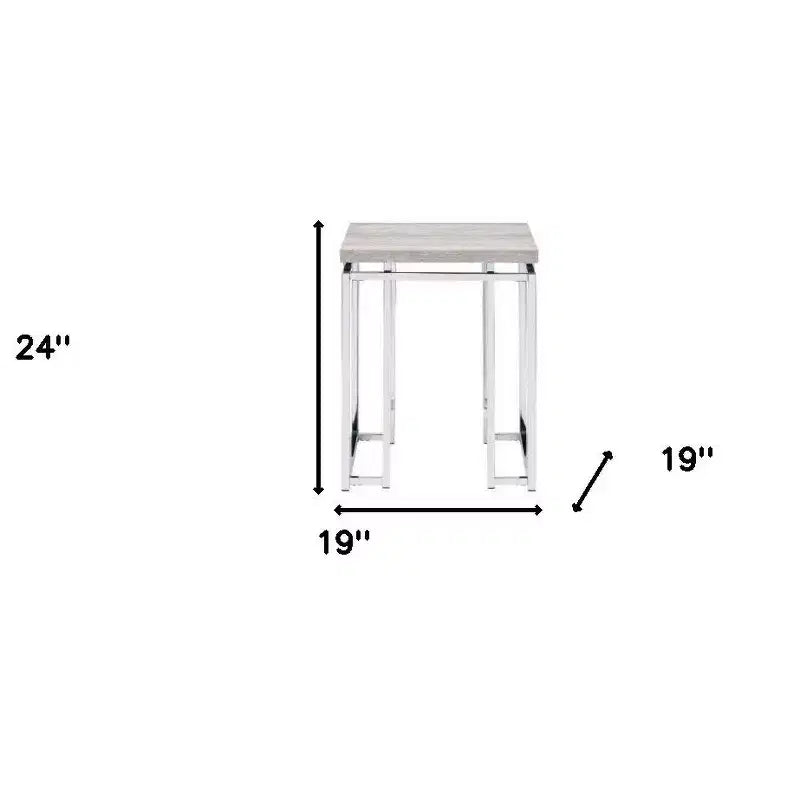 Table d'appoint carrée 61 cm Chêne Naturel et Chrome, Structure en fer avec plateau en verre recyclé, Aucun assemblage requis