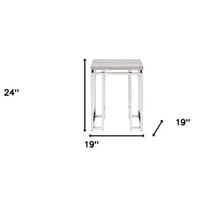 Table d'appoint carrée 61 cm Chêne Naturel et Chrome, Structure en fer avec plateau en verre recyclé, Aucun assemblage requis