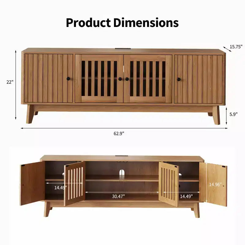 Meuble TV de 160 cm avec prises électriques, 4 portes, compatible avec les téléviseurs de 43 à 70 pouces