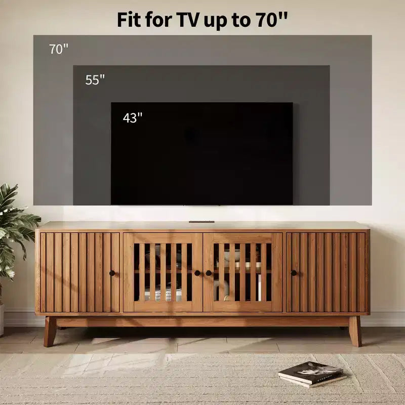 Meuble TV de 160 cm avec prises électriques, 4 portes, compatible avec les téléviseurs de 43 à 70 pouces
