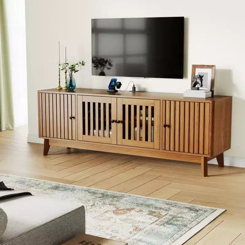 Meuble TV de 160 cm avec prises électriques, 4 portes, compatible avec les téléviseurs de 43 à 70 pouces