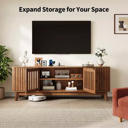 Meuble TV de 160 cm avec prises électriques, 4 portes, compatible avec les téléviseurs de 43 à 70 pouces