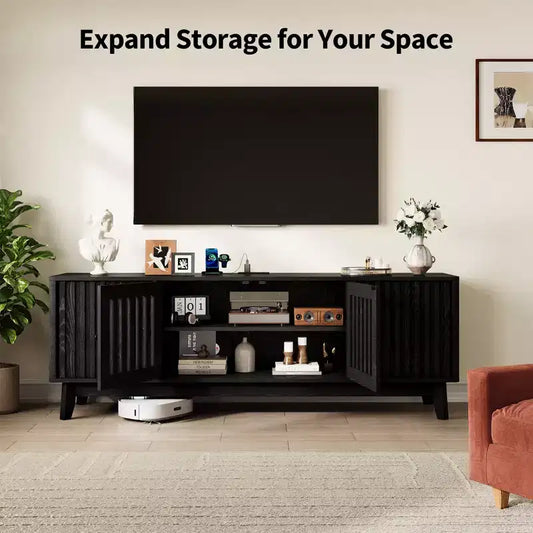 Meuble TV de 160 cm avec prises électriques, 4 portes, compatible avec les téléviseurs de 43 à 70 pouces