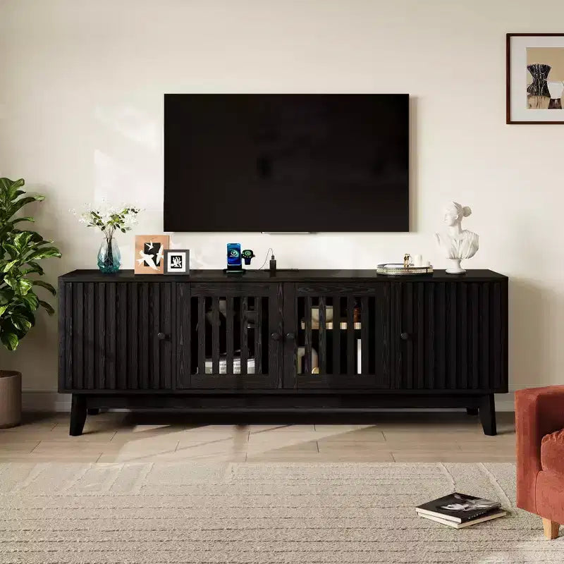 Meuble TV de 160 cm avec prises électriques, 4 portes, compatible avec les téléviseurs de 43 à 70 pouces