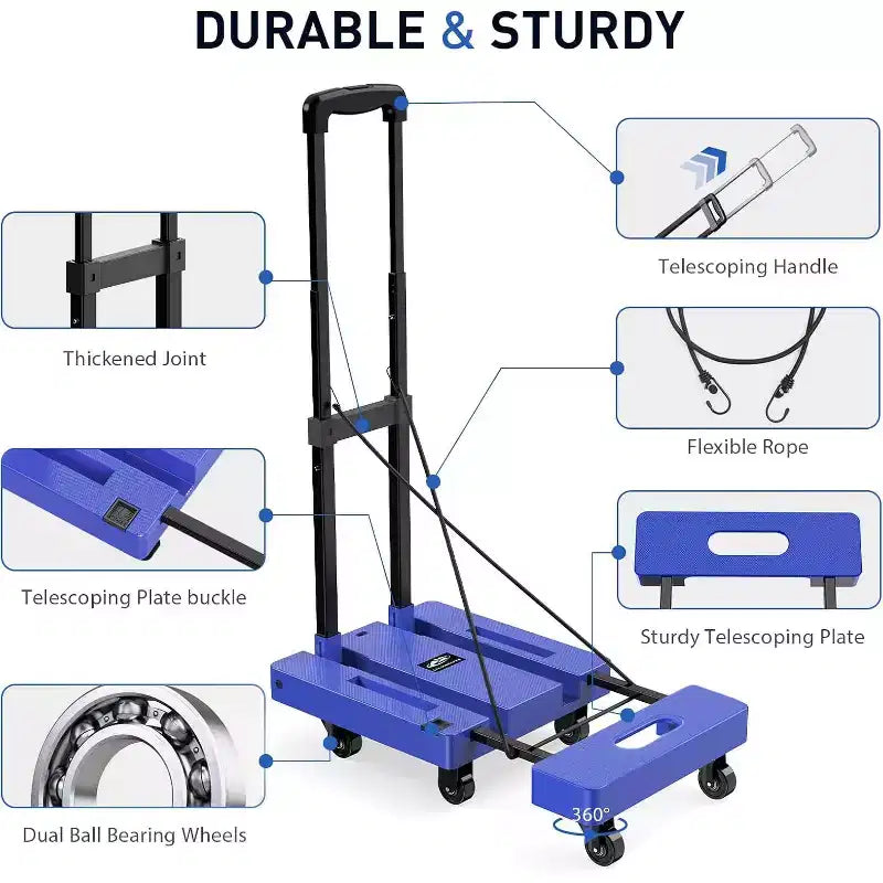 Chariot pliant, chariot à bagages robuste de 227 kg avec cordons élastiques, poignée réglable