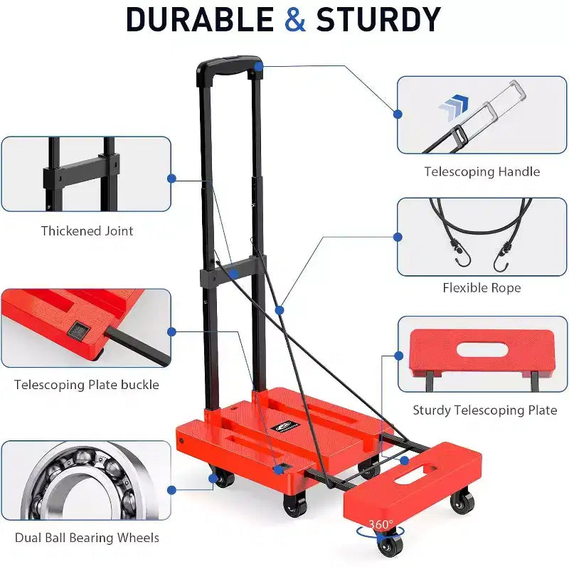 Chariot pliant, chariot à bagages robuste de 227 kg avec cordons élastiques, poignée réglable