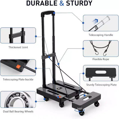 Chariot pliant, chariot à bagages robuste de 227 kg avec cordons élastiques, poignée réglable