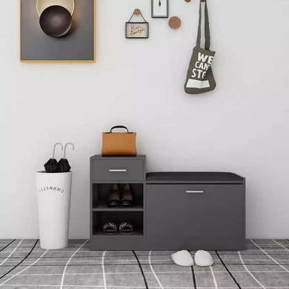 Banc à chaussures gris avec coussin en similicuir, bois d'ingénierie, 94,5 cm de largeur, peut contenir 8 paires
