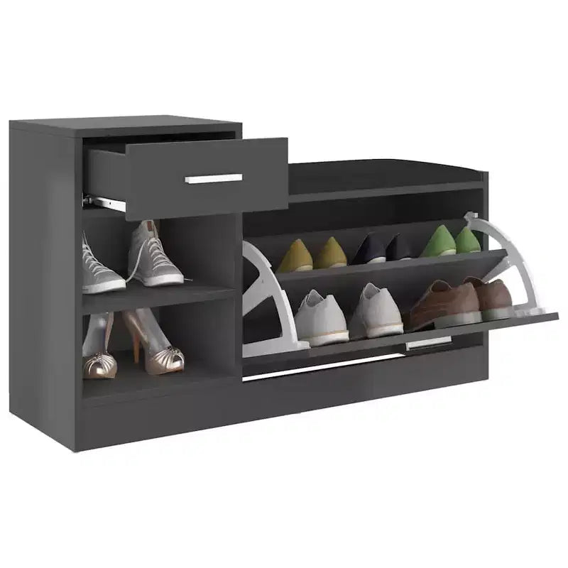 Banc à chaussures gris avec coussin en similicuir, bois d'ingénierie, 94,5 cm de largeur, peut contenir 8 paires