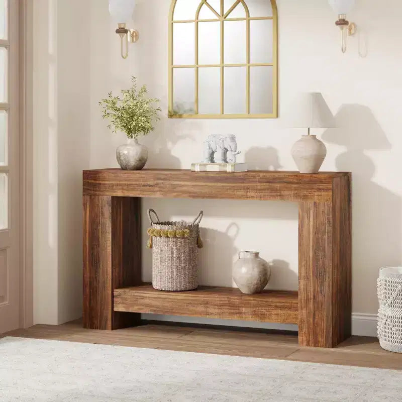 Console d'entrée 2 niveaux de style ferme, longue table d'appoint de canapé avec rangement ouvert