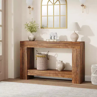 Console d'entrée 2 niveaux de style ferme, longue table d'appoint de canapé avec rangement ouvert