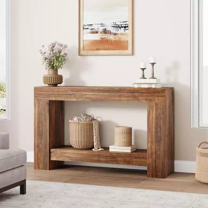 Console d'entrée 2 niveaux de style ferme, longue table d'appoint de canapé avec rangement ouvert