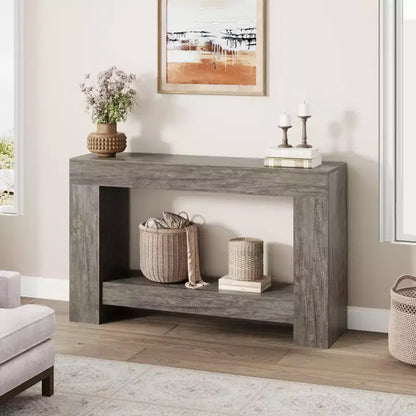 Console d'entrée 2 niveaux de style ferme, longue table d'appoint de canapé avec rangement ouvert