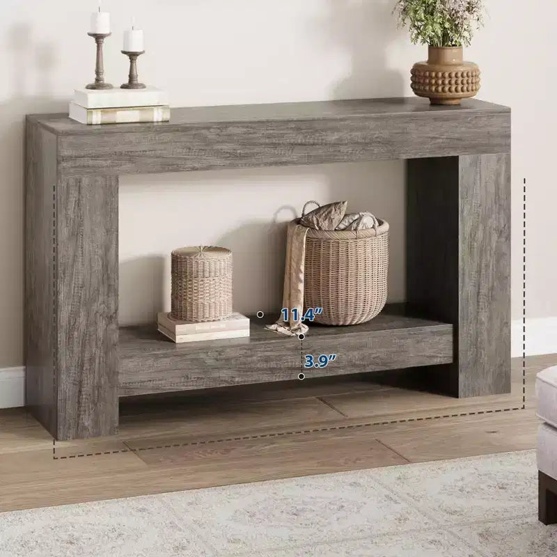 Console d'entrée 2 niveaux de style ferme, longue table d'appoint de canapé avec rangement ouvert