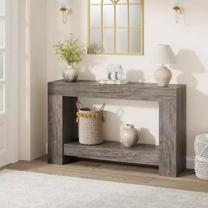 Console d'entrée 2 niveaux de style ferme, longue table d'appoint de canapé avec rangement ouvert