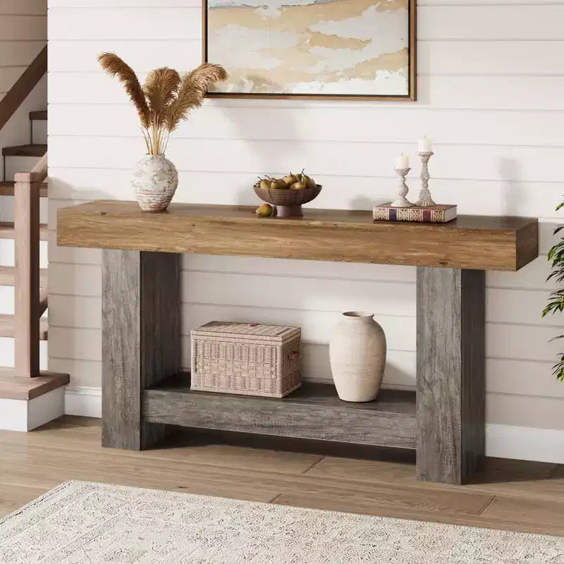 Console d'entrée 2 niveaux de style ferme, longue table d'appoint de canapé avec rangement ouvert