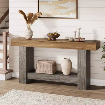 Console d'entrée 2 niveaux de style ferme, longue table d'appoint de canapé avec rangement ouvert