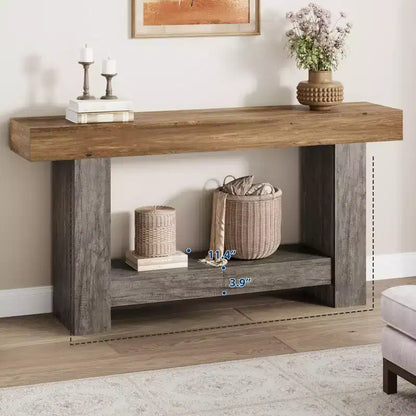 Console d'entrée 2 niveaux de style ferme, longue table d'appoint de canapé avec rangement ouvert