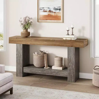 Console d'entrée 2 niveaux de style ferme, longue table d'appoint de canapé avec rangement ouvert