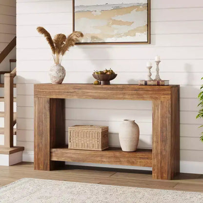 Console d'entrée 2 niveaux de style ferme, longue table d'appoint de canapé avec rangement ouvert