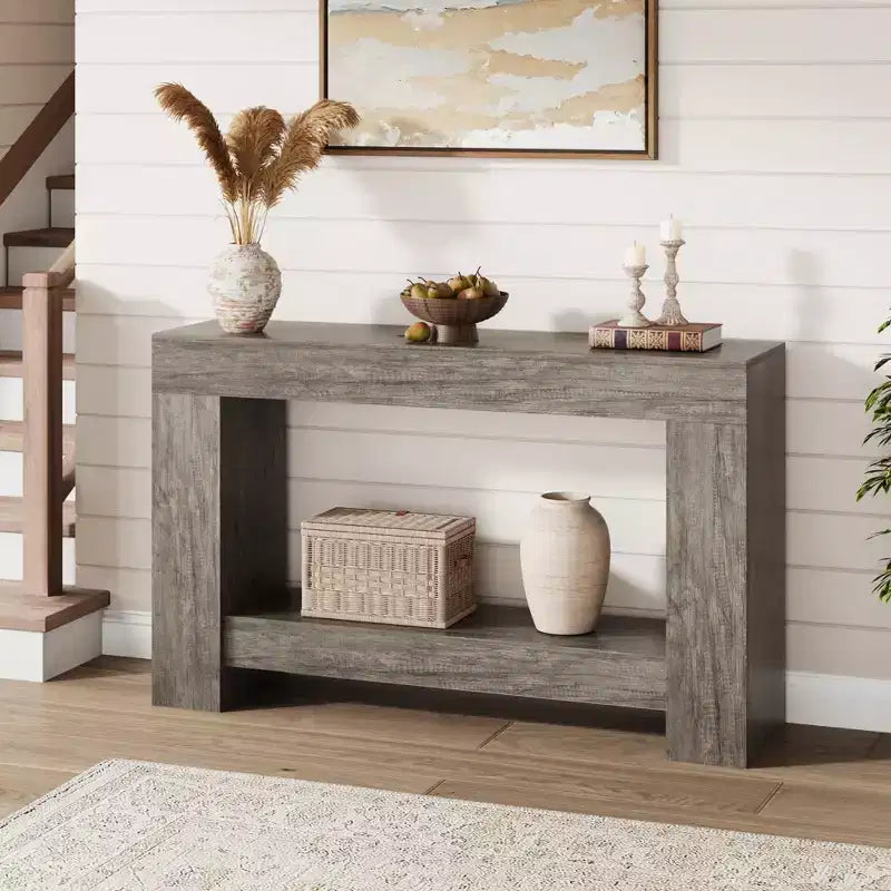 Console d'entrée 2 niveaux de style ferme, longue table d'appoint de canapé avec rangement ouvert