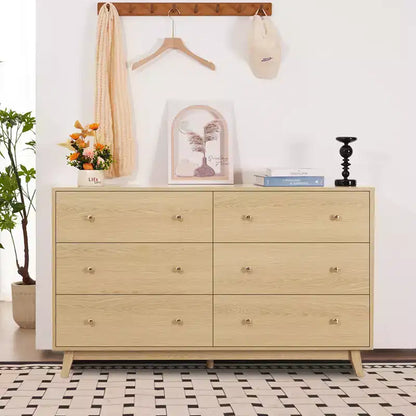 Commode en bois à 6 tiroirs avec dispositif anti-basculement, style minimaliste moderne, bois clair