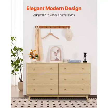 Commode en bois à 6 tiroirs avec dispositif anti-basculement, style minimaliste moderne, bois clair