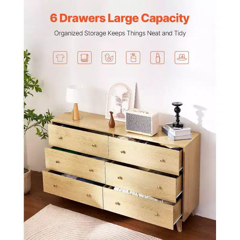 Commode en bois à 6 tiroirs avec dispositif anti-basculement, style minimaliste moderne, bois clair