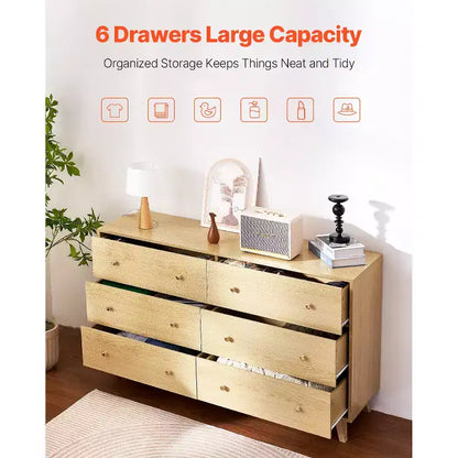 Commode en bois à 6 tiroirs avec dispositif anti-basculement, style minimaliste moderne, bois clair