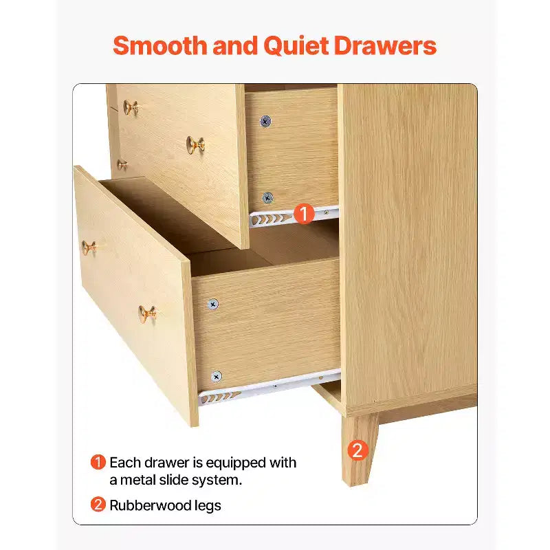 Commode en bois à 6 tiroirs avec dispositif anti-basculement, style minimaliste moderne, bois clair