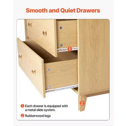 Commode en bois à 6 tiroirs avec dispositif anti-basculement, style minimaliste moderne, bois clair