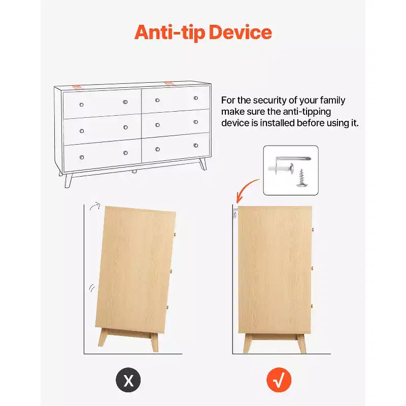 Commode en bois à 6 tiroirs avec dispositif anti-basculement, style minimaliste moderne, bois clair