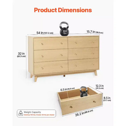 Commode en bois à 6 tiroirs avec dispositif anti-basculement, style minimaliste moderne, bois clair
