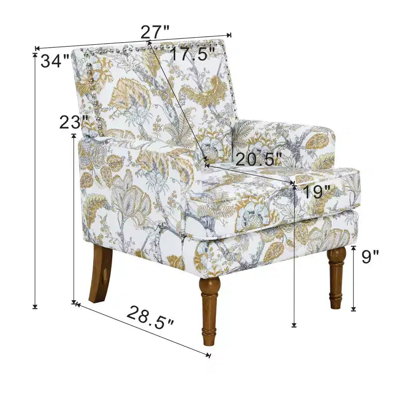 Fauteuil d'appoint floral de ferme rembourré avec garniture cloutée et pieds en bois massif
