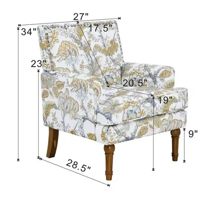 Fauteuil d'appoint floral de ferme rembourré avec garniture cloutée et pieds en bois massif