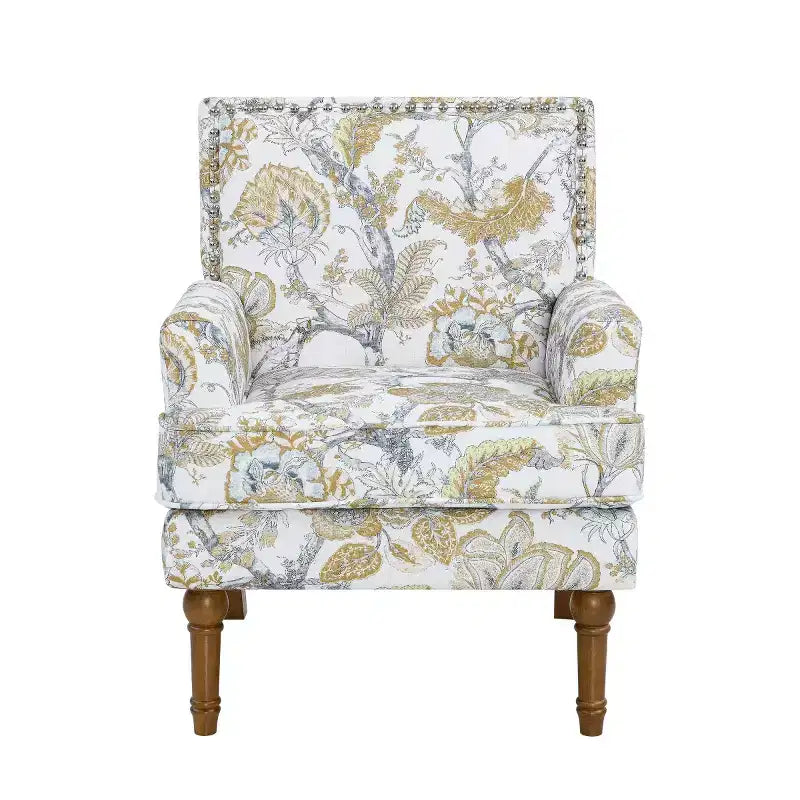 Fauteuil d'appoint floral de ferme rembourré avec garniture cloutée et pieds en bois massif