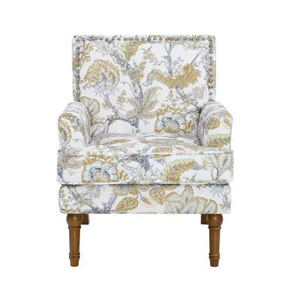 Fauteuil d'appoint floral de ferme rembourré avec garniture cloutée et pieds en bois massif