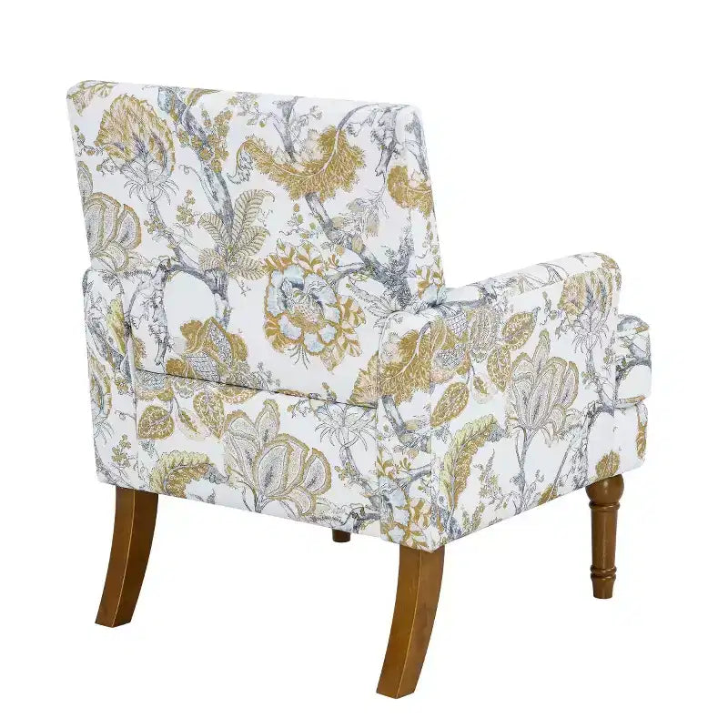 Fauteuil d'appoint floral de ferme rembourré avec garniture cloutée et pieds en bois massif