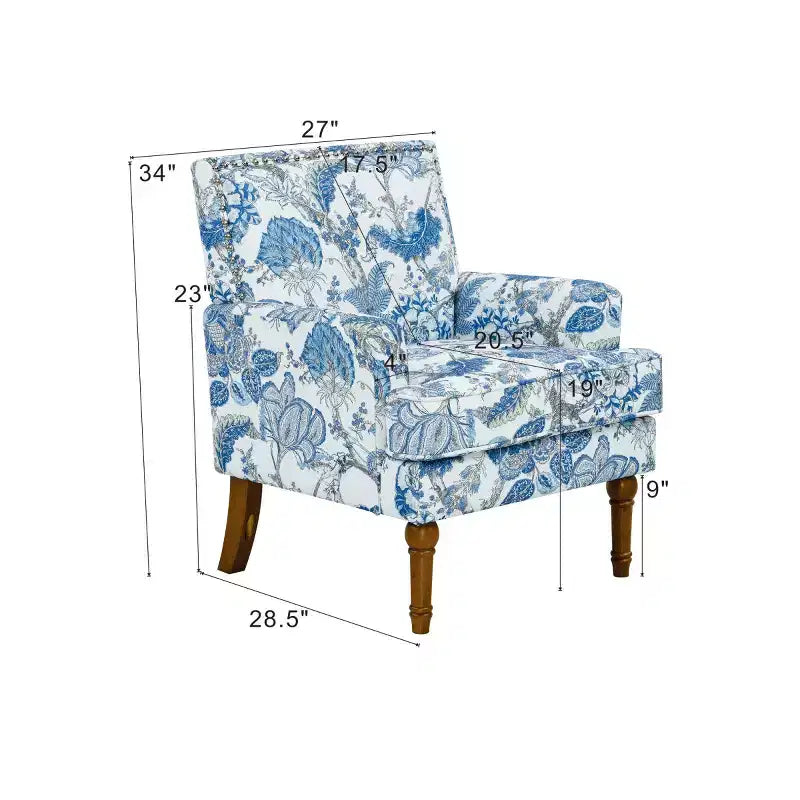 Fauteuil d'appoint floral de ferme rembourré avec garniture cloutée et pieds en bois massif